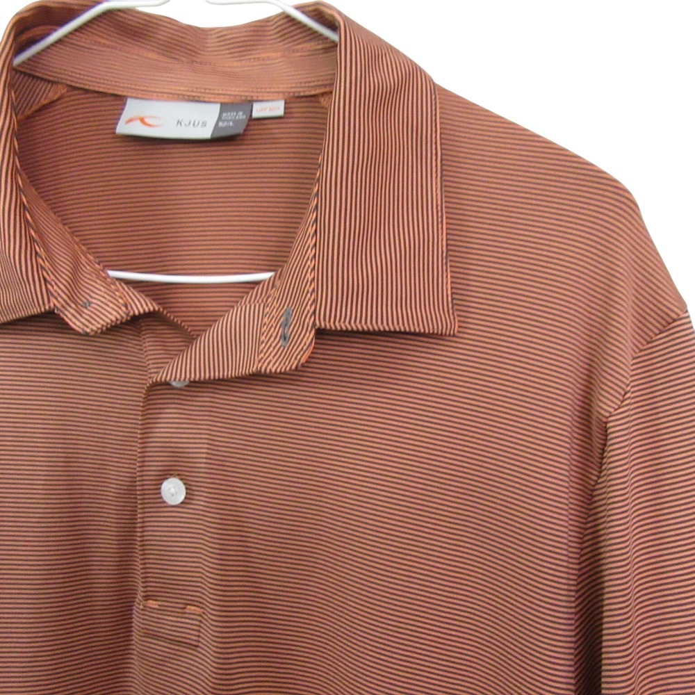 KJUS Mens Polo Shirt L Orange Gray Striped Golf Performance‎ Stretch Logo